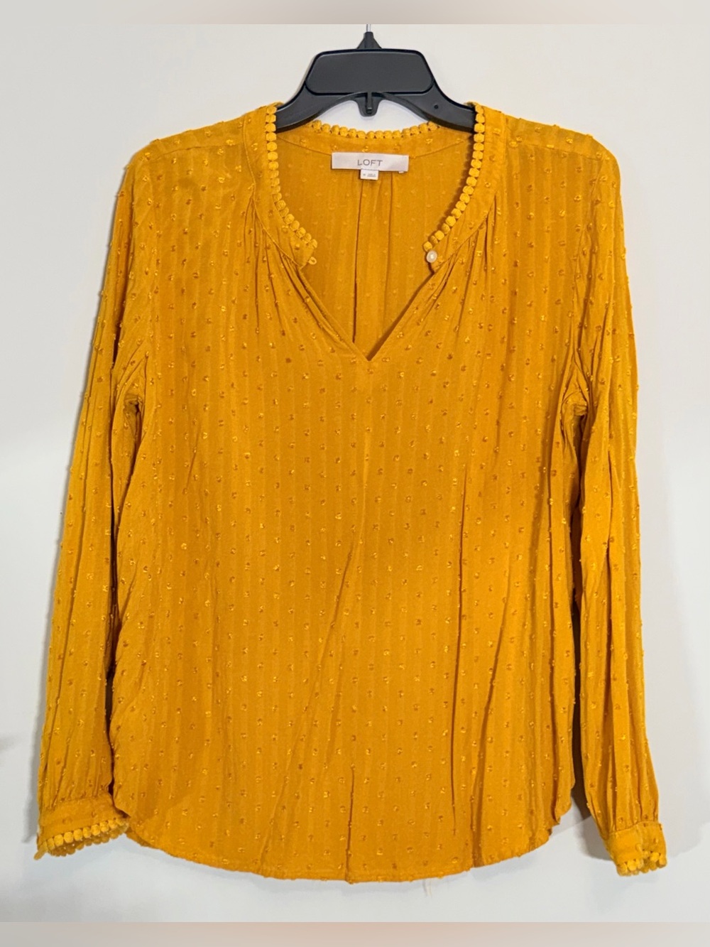 LOFT Mustard Yellow Swiss Dot Pom Trim Long Sleeve Blouse Size M